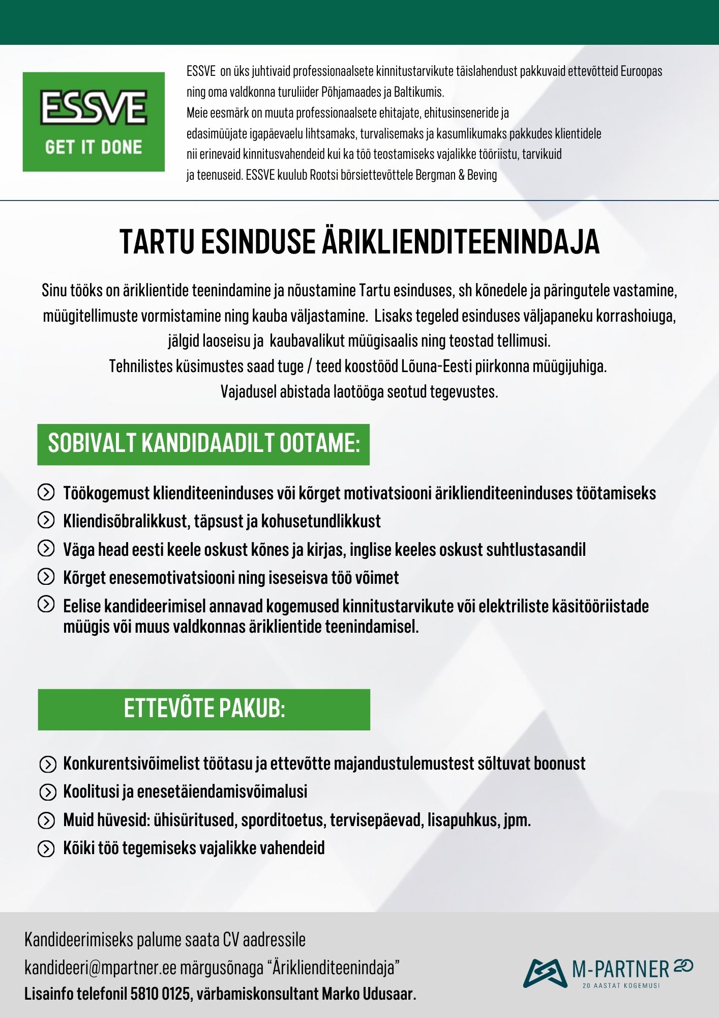 TARTU ESINDUSE ÄRIKLIENDITEENINDAJA